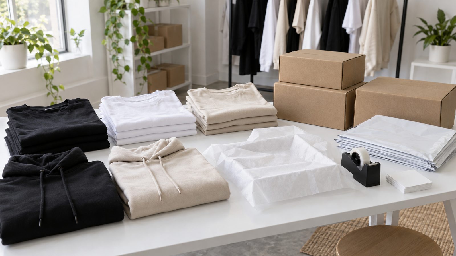 服と発送用の箱が並ぶ梱包台